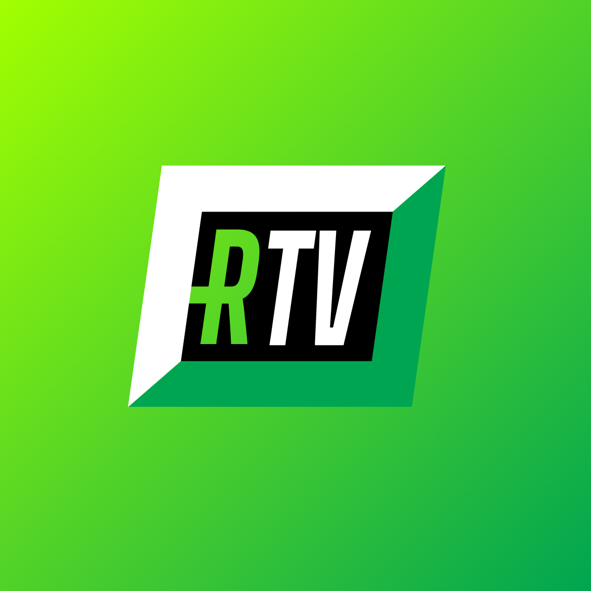 R T V logo with black and green text on a geometric background with green, white, and black shapes.