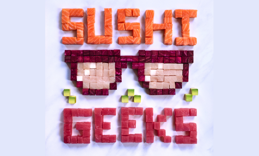 Mosaic of chopped fruit spelling "SUSHI GEEKS" with sunglasses made of fruit pieces.
