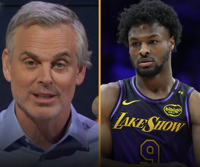 Split image showing a man speaking into a microphone on the left and a basketball player in a Lakers Show jersey on the right.