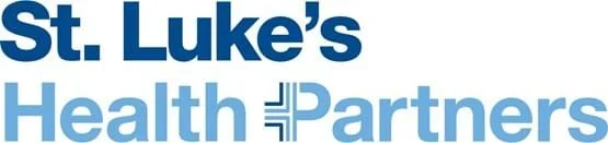 Logo of St. Luke's Health Partners with blue and light blue text and a cross symbol.