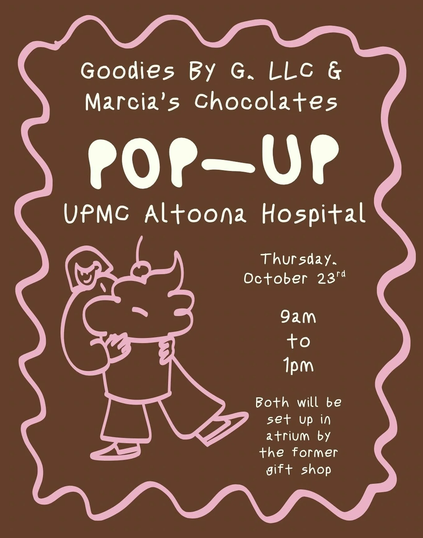 My next pop up will be Thursday, October 23rd at UPMC Altoona Hospital! @marciaschocolate will also be there so make sure to stop by!🍫🧡