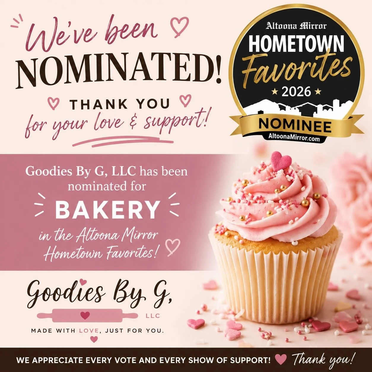 We are so excited and incredibly honored to share that Goodies By G, LLC has been nominated for the 2026 Altoona Mirror Hometown Favorites in the Bakery category! 🧁✨

From every cookie, cupcake, and custom order to every like, share, and recommendat