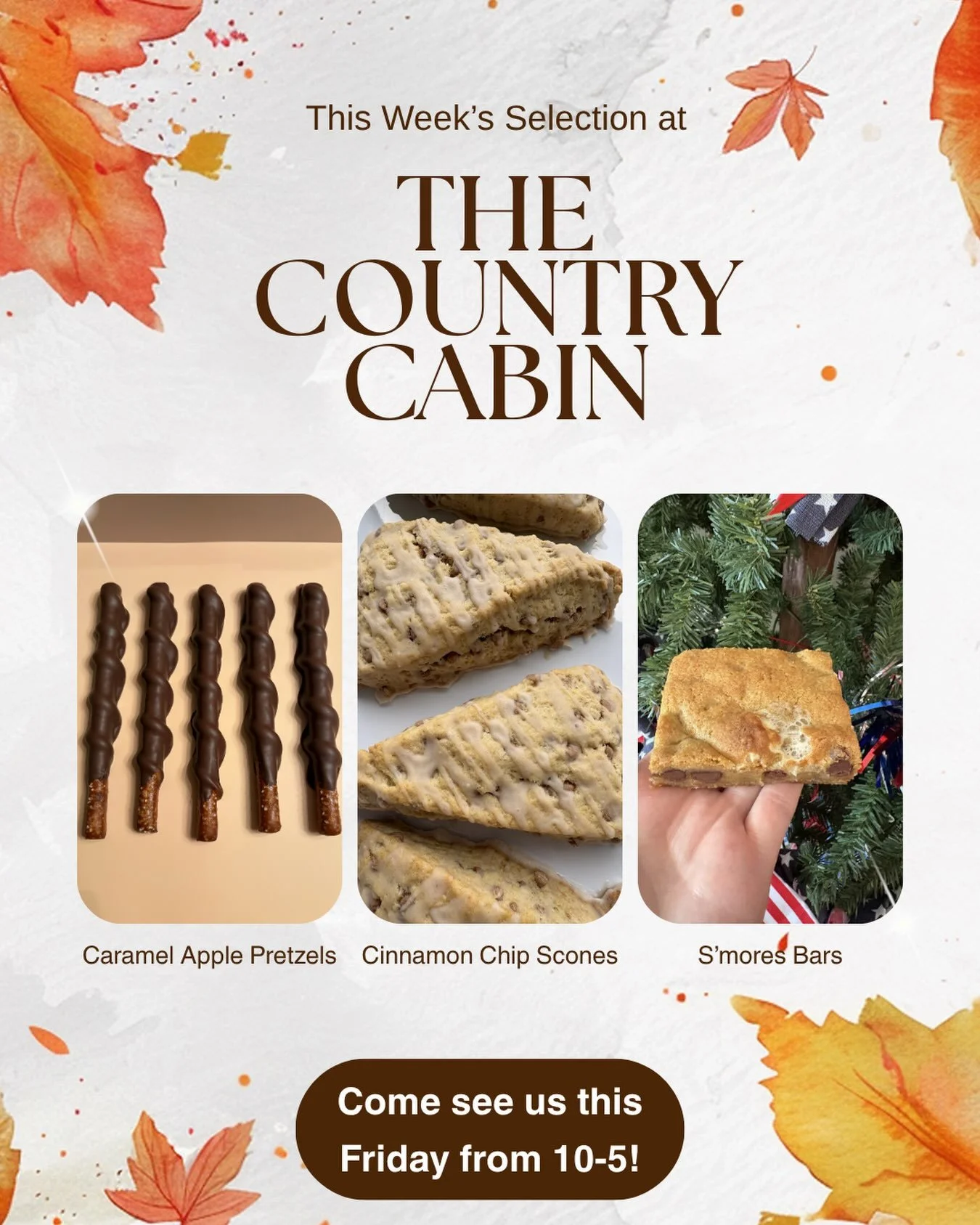 Happy Tuesday! Stop in @thecountrycabin__ this week and grab a sweet treat! Don&rsquo;t forget, we are popping up every Friday from 10-5 this month! We can&rsquo;t wait to see you!🍫🧡