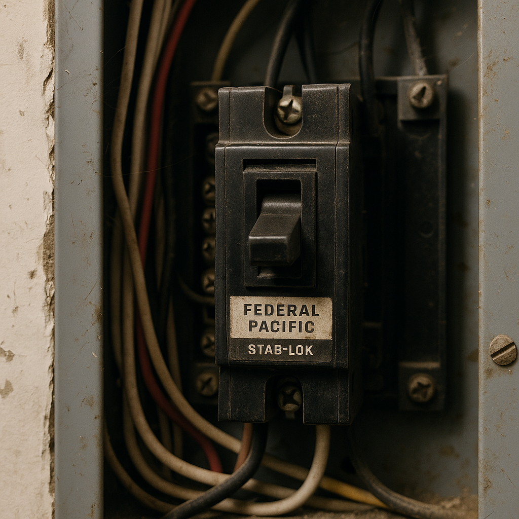 federal pacific stab-lok breaker panel with burnt marks