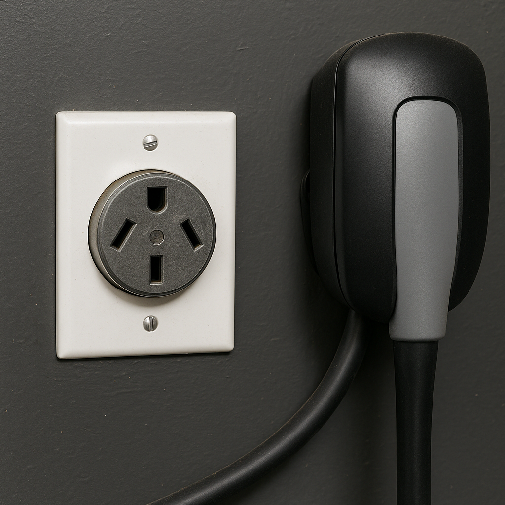 front angle of a NEMA 14-50 outlet next to hardwired EV charger