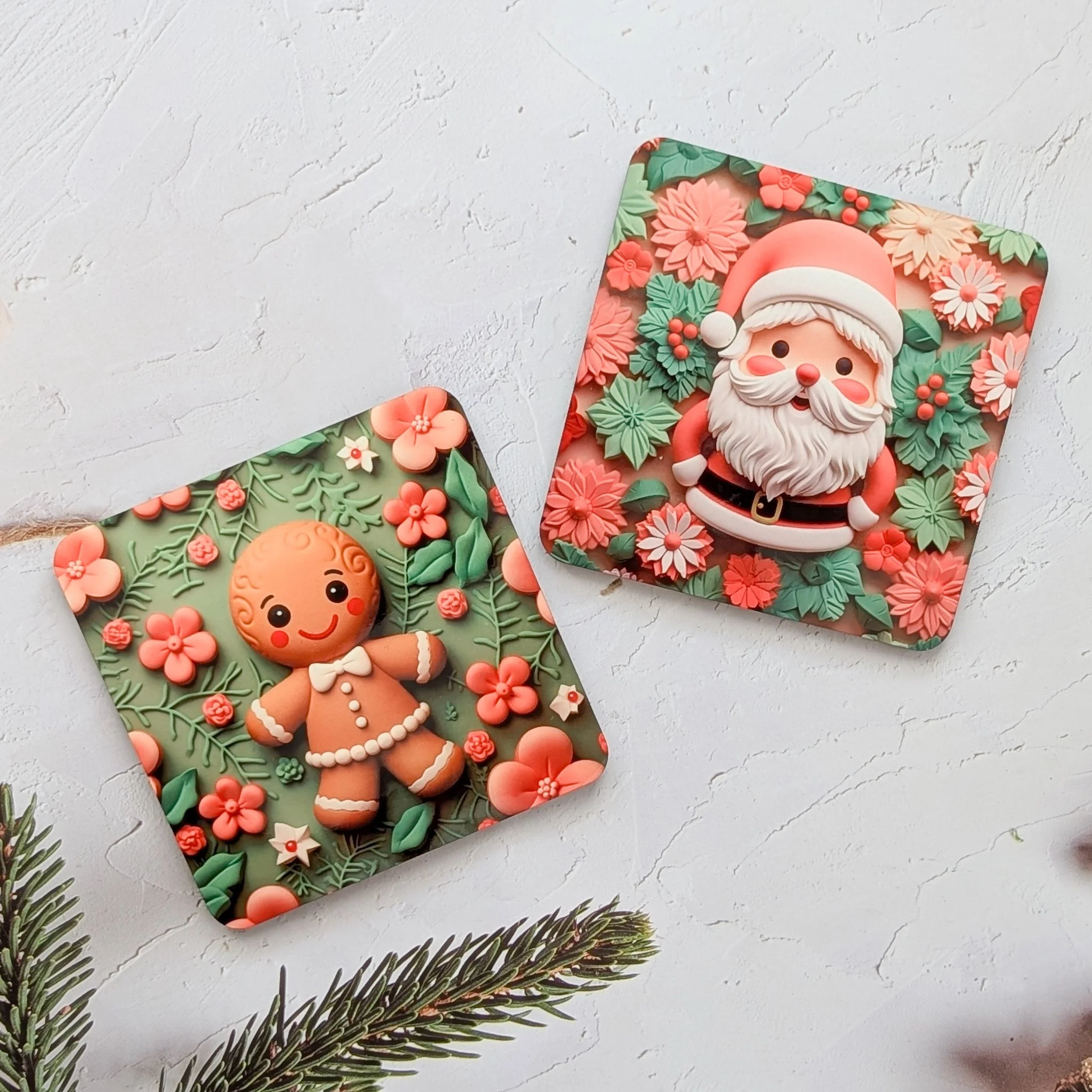 Festive Christmas coasters featuring Santa Claus and Gingerbread Man designs with floral holiday accents, available in sets of 2 or 4.