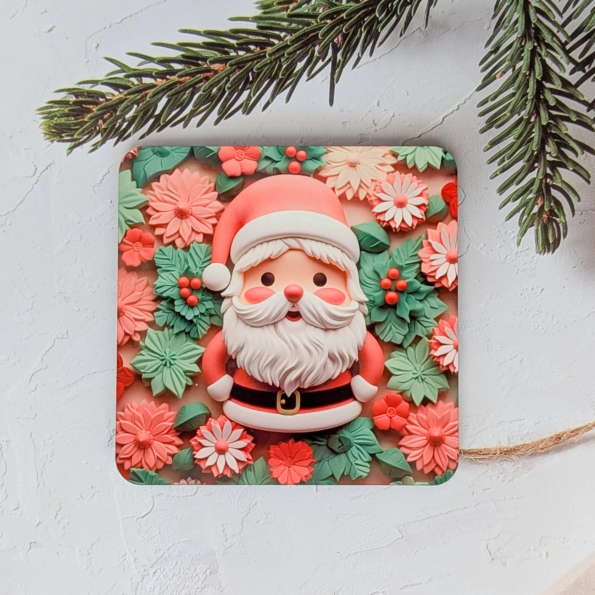 Festive Christmas coasters featuring Santa Claus designs with floral holiday accents, available in sets of 2 or 4.
