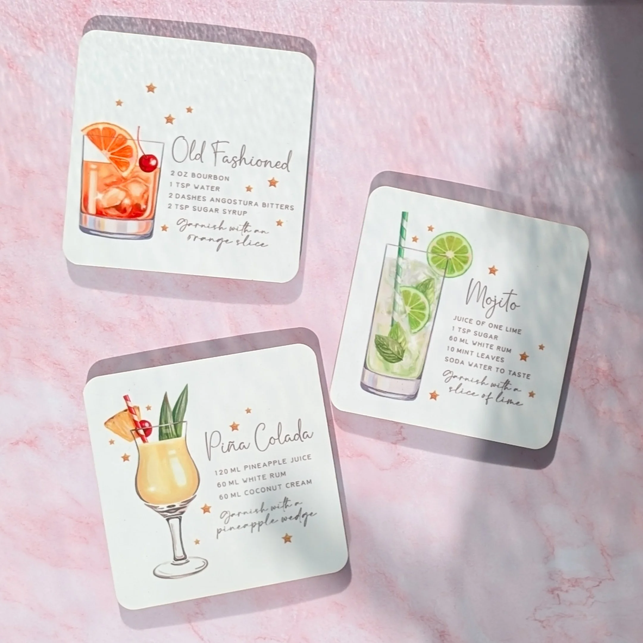 Square Coasters with Cocktail Recipes – Watercolour Cocktail Artwork | Set of 4