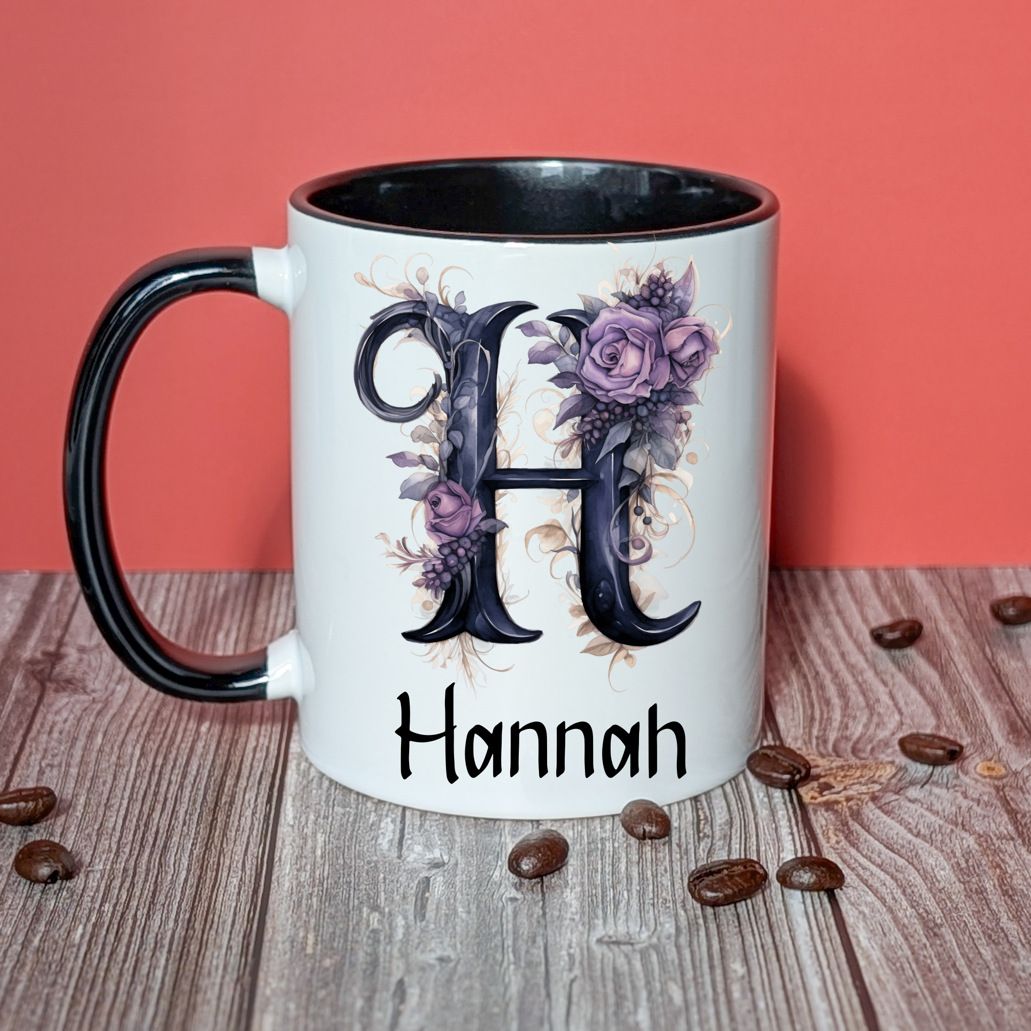 Gothic Personalised Initial Mug – Custom Monogram Coffee Cup with Black Handle & Interior