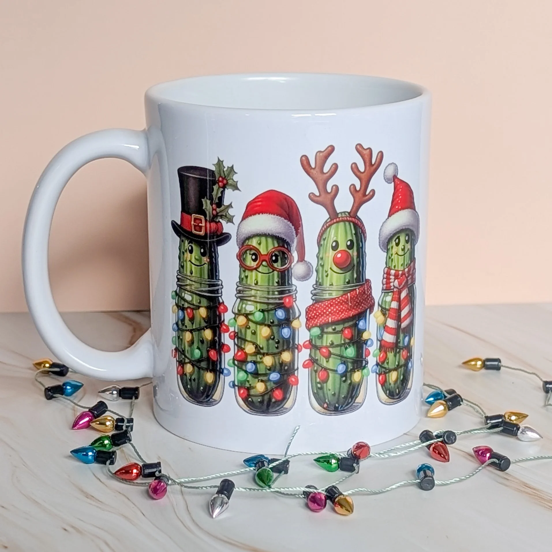 Christmas Pickle Mug – Funny Festive Coffee Cup with Holiday Pickle Characters