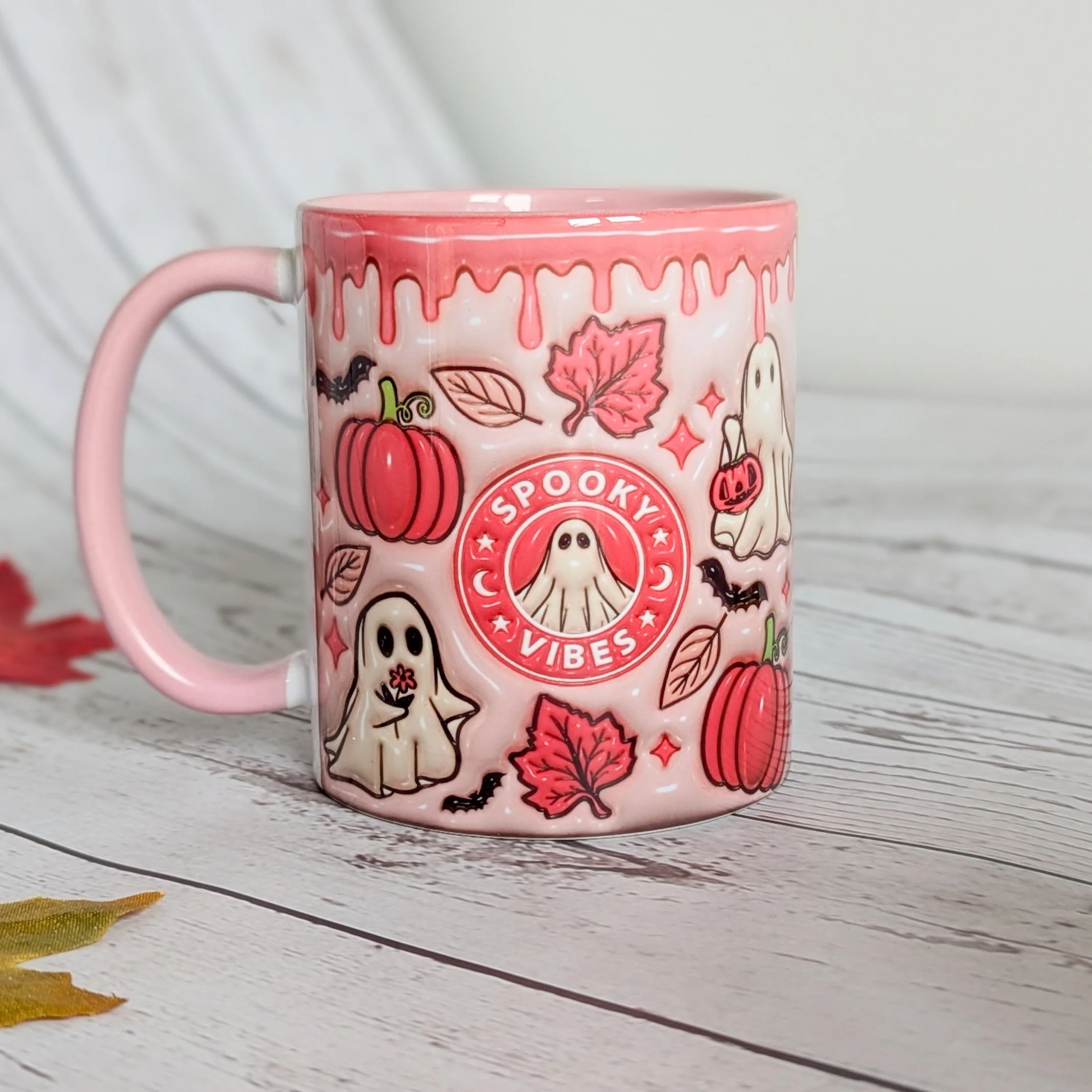 Pink Halloween Spooky Vibes Ceramic Mug with Ghost Design for Cosy Autumn Drinks
