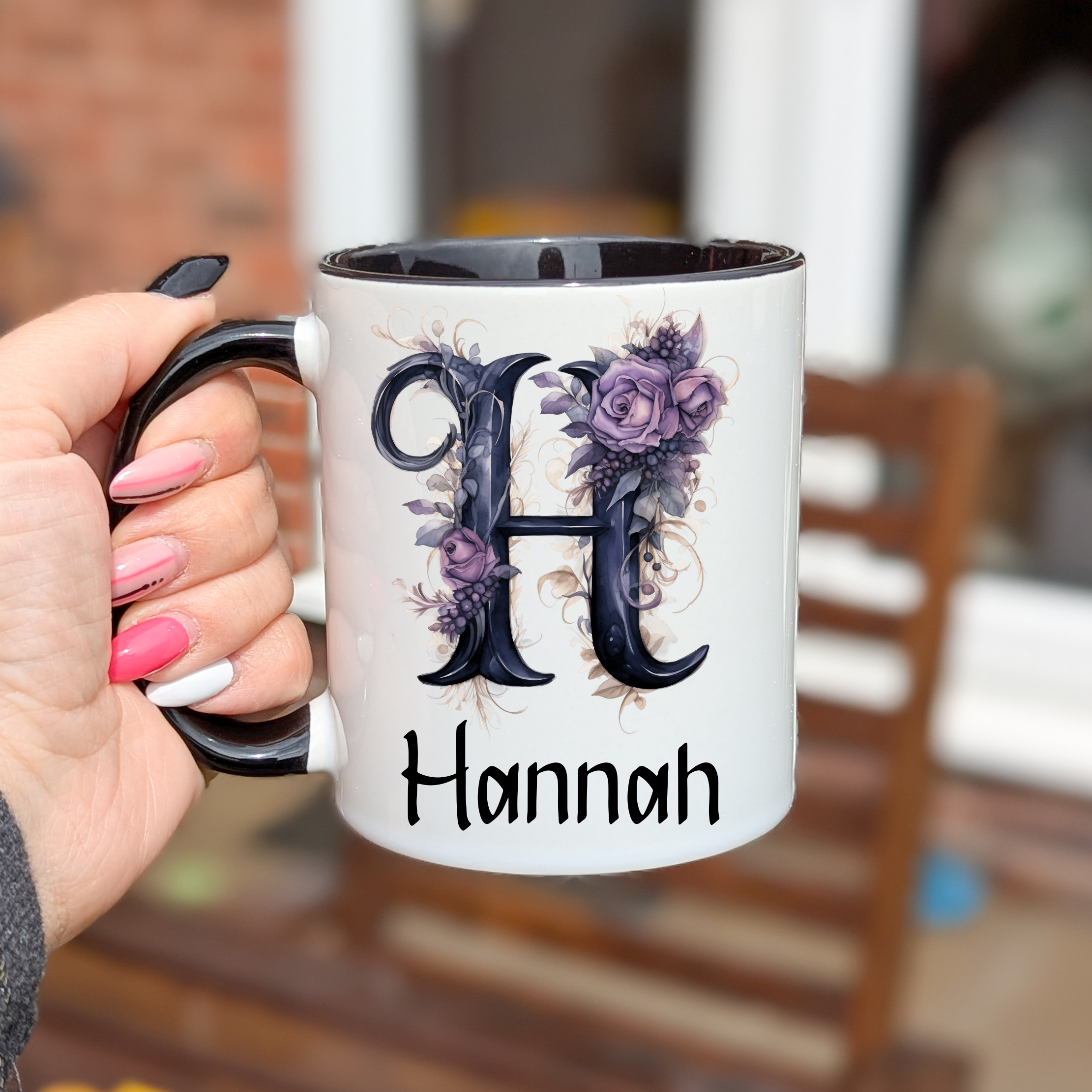 Personalised ceramic mug with gothic-style initial letter and custom name, black handle and interior, custom monogram coffee cup.