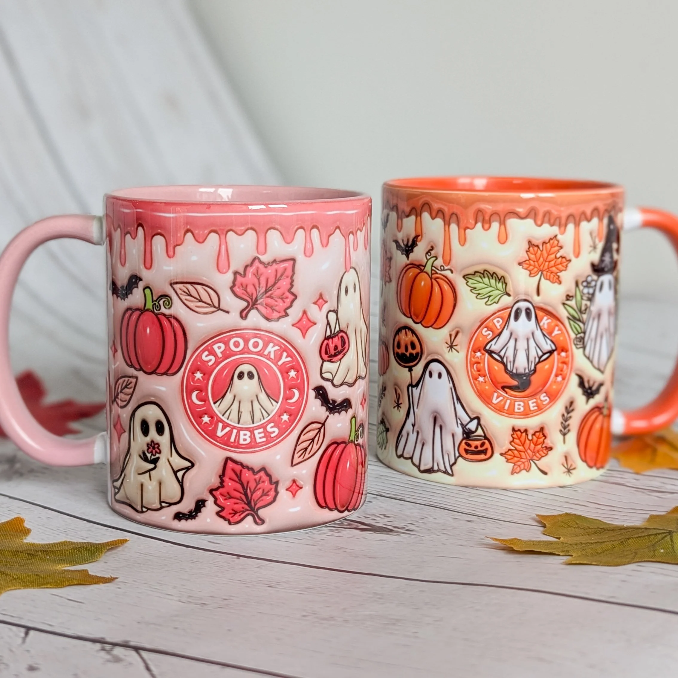 Cozy Halloween setup with Spooky Vibes Mug and autumn decorations