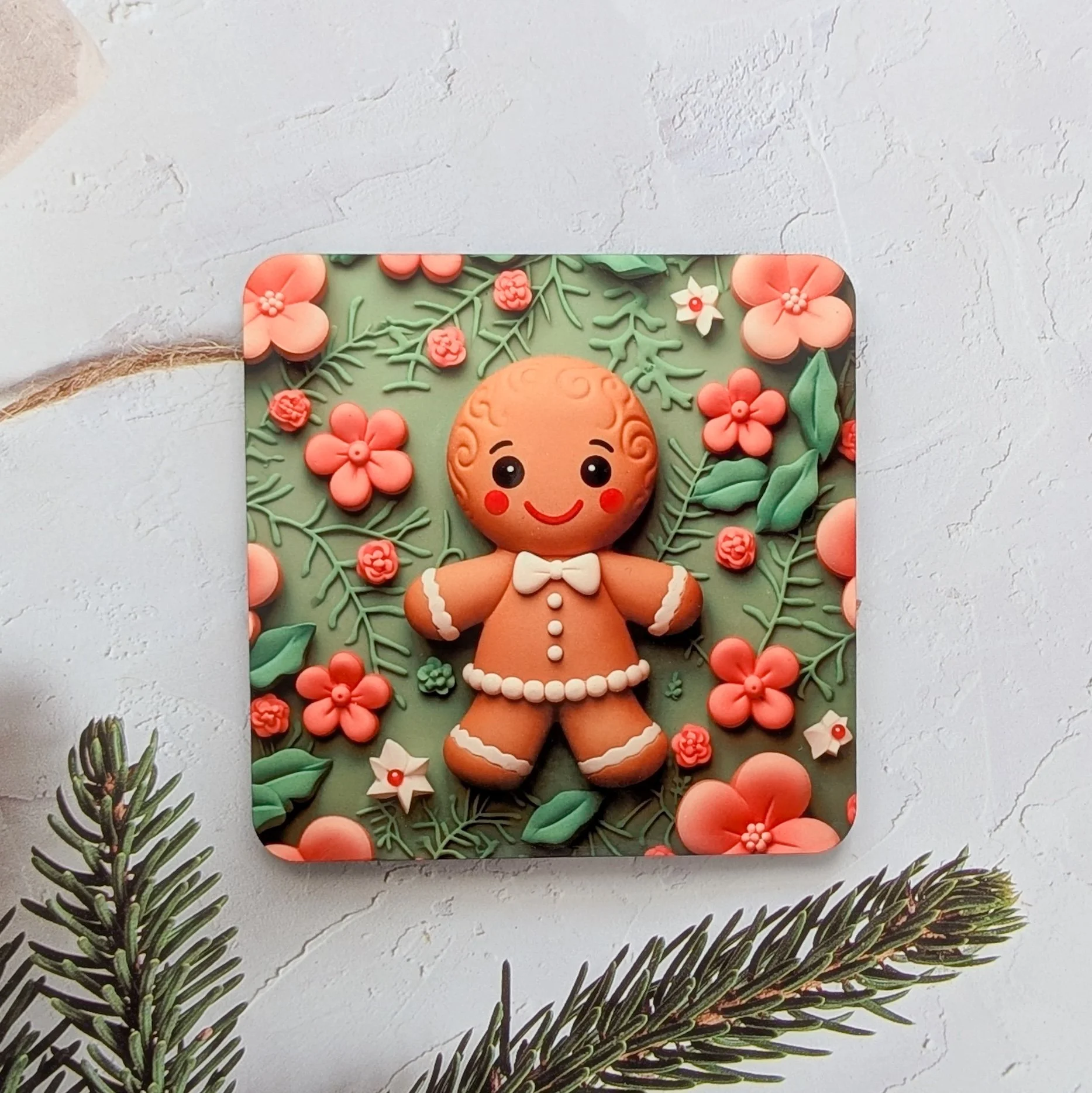 Festive Christmas coasters featuring Gingerbread Man designs with floral holiday accents, available in sets of 2 or 4.