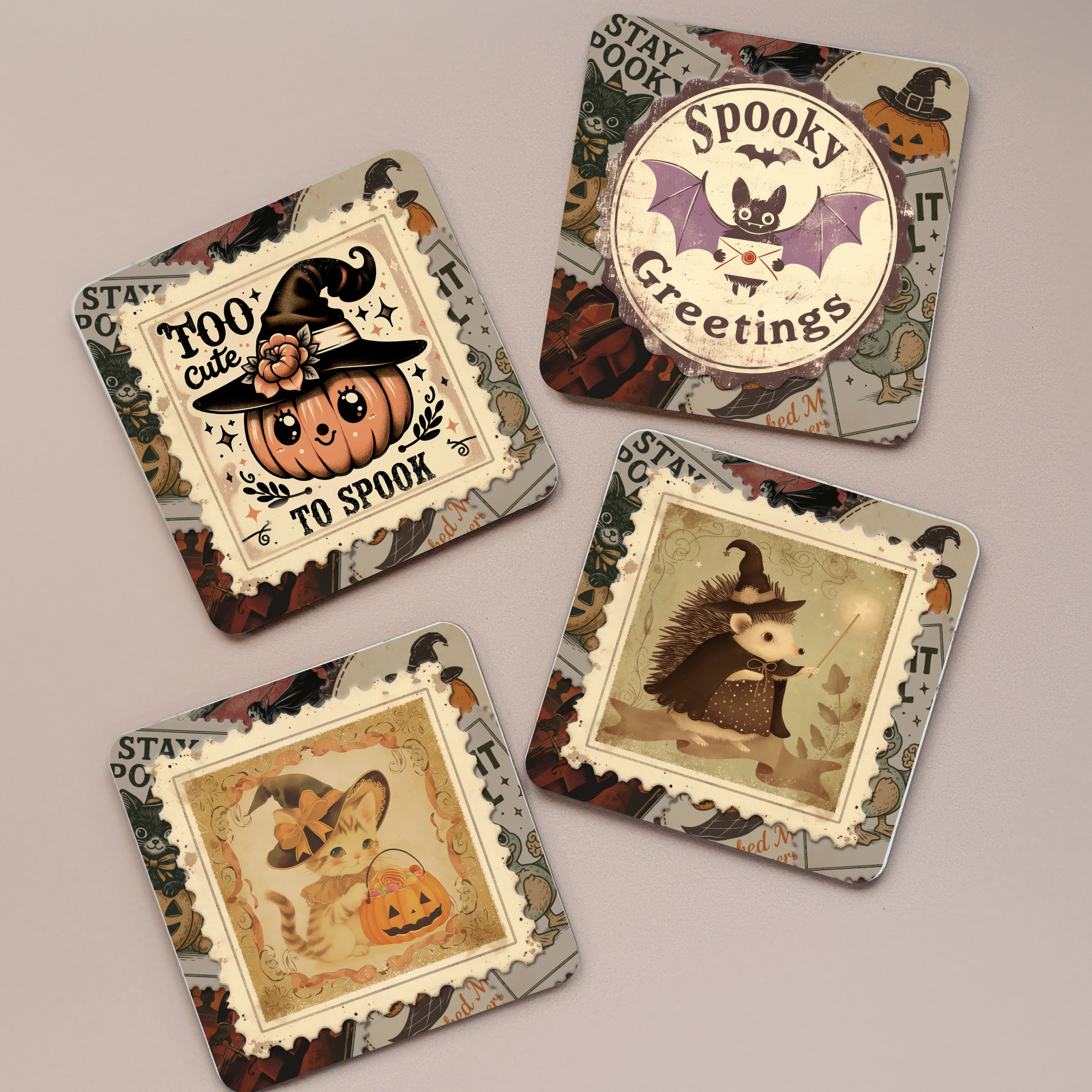 Spooky Halloween Coasters set of 4: Cottagecore Hedgehog, Witchy Retro Decor
