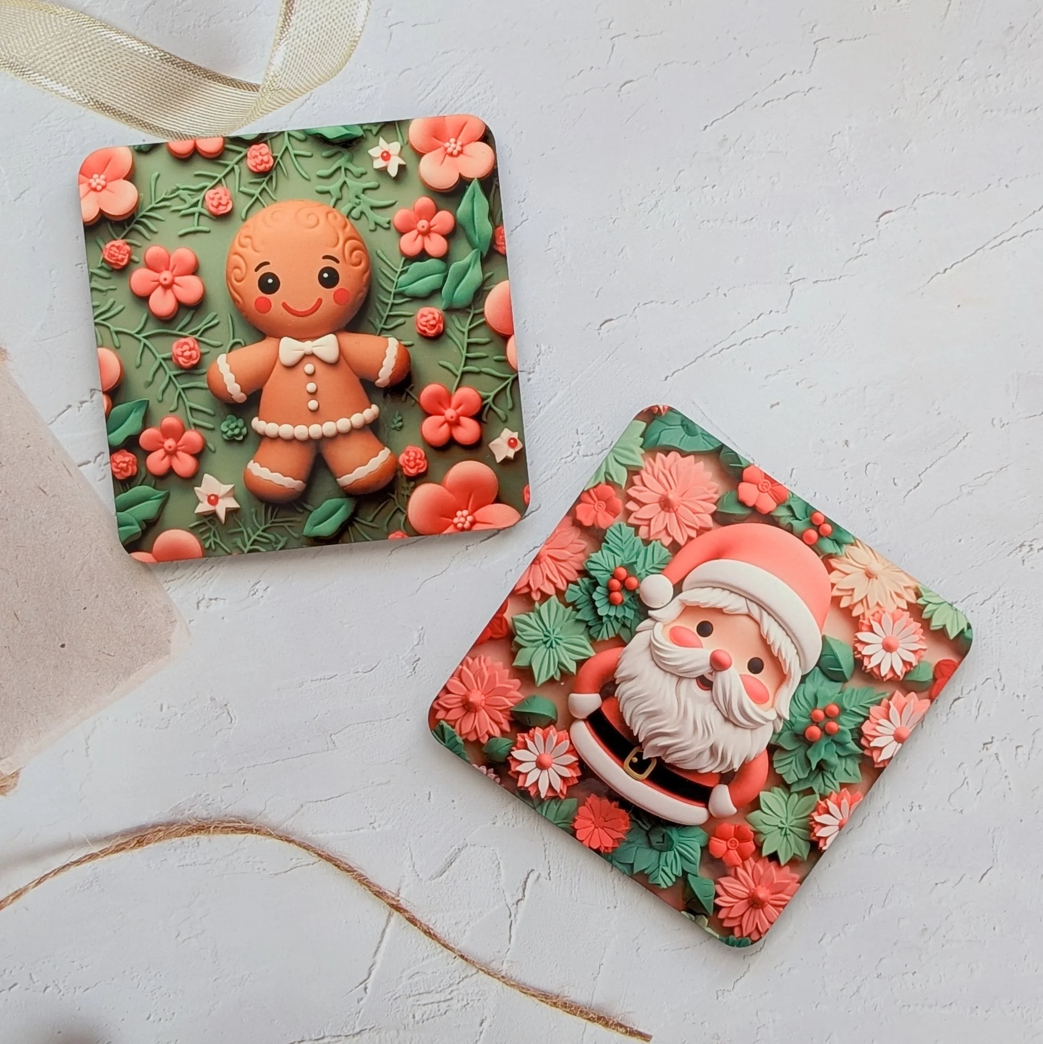 Festive Christmas coasters featuring Santa Claus and Gingerbread Man designs with floral holiday accents, available in sets of 2 or 4.