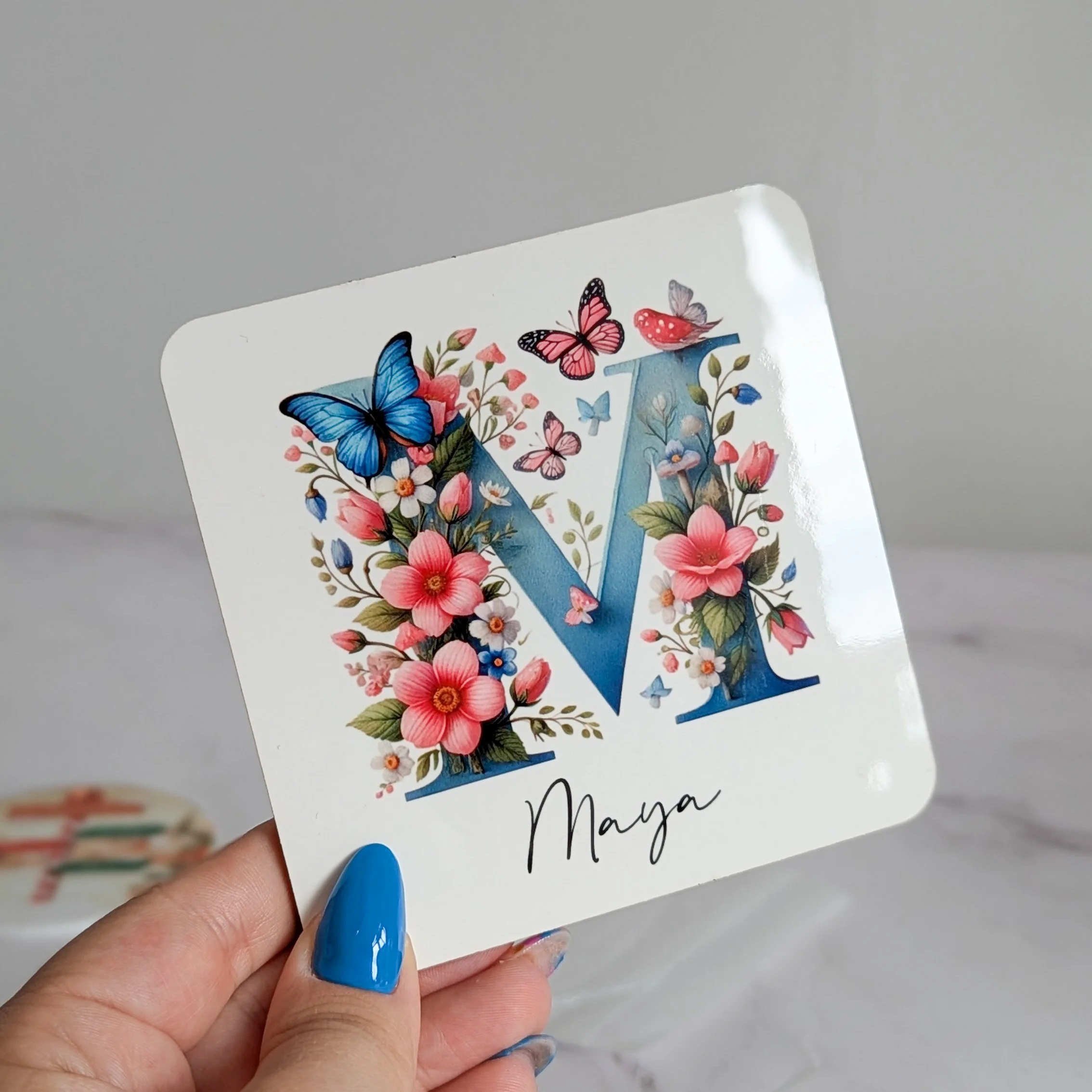 Personalised Initial Coaster – Custom Floral Letter & Name Square Drink Coaster
