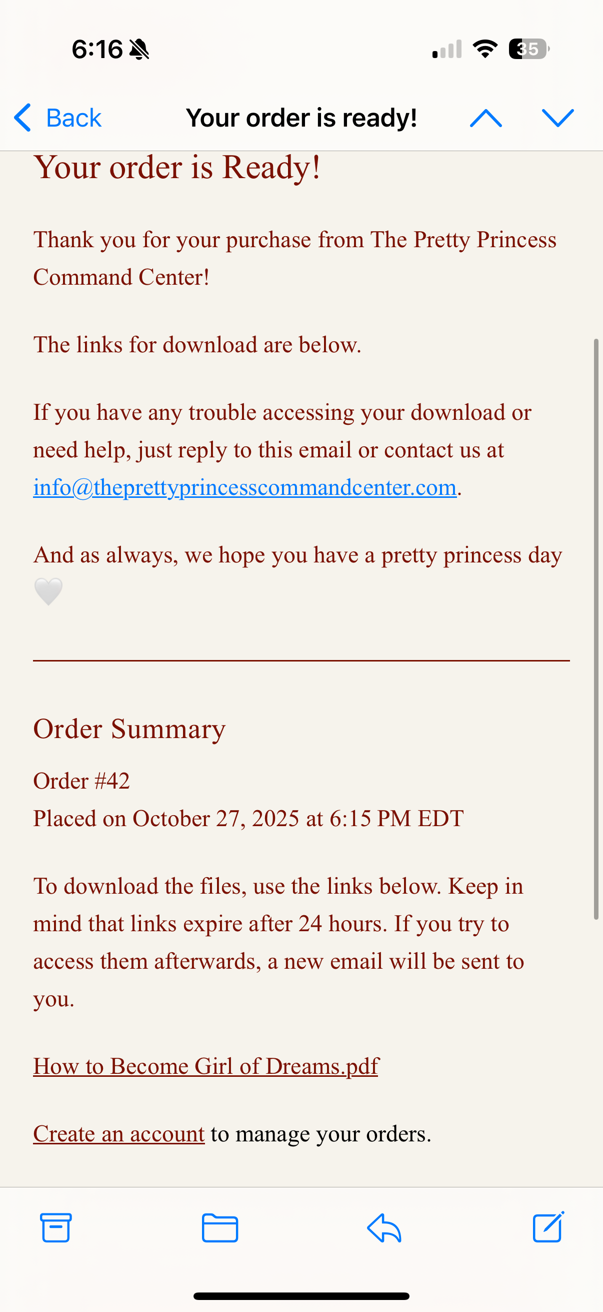 Screenshot of an email confirming an order is ready for download, including order details and links for file access.