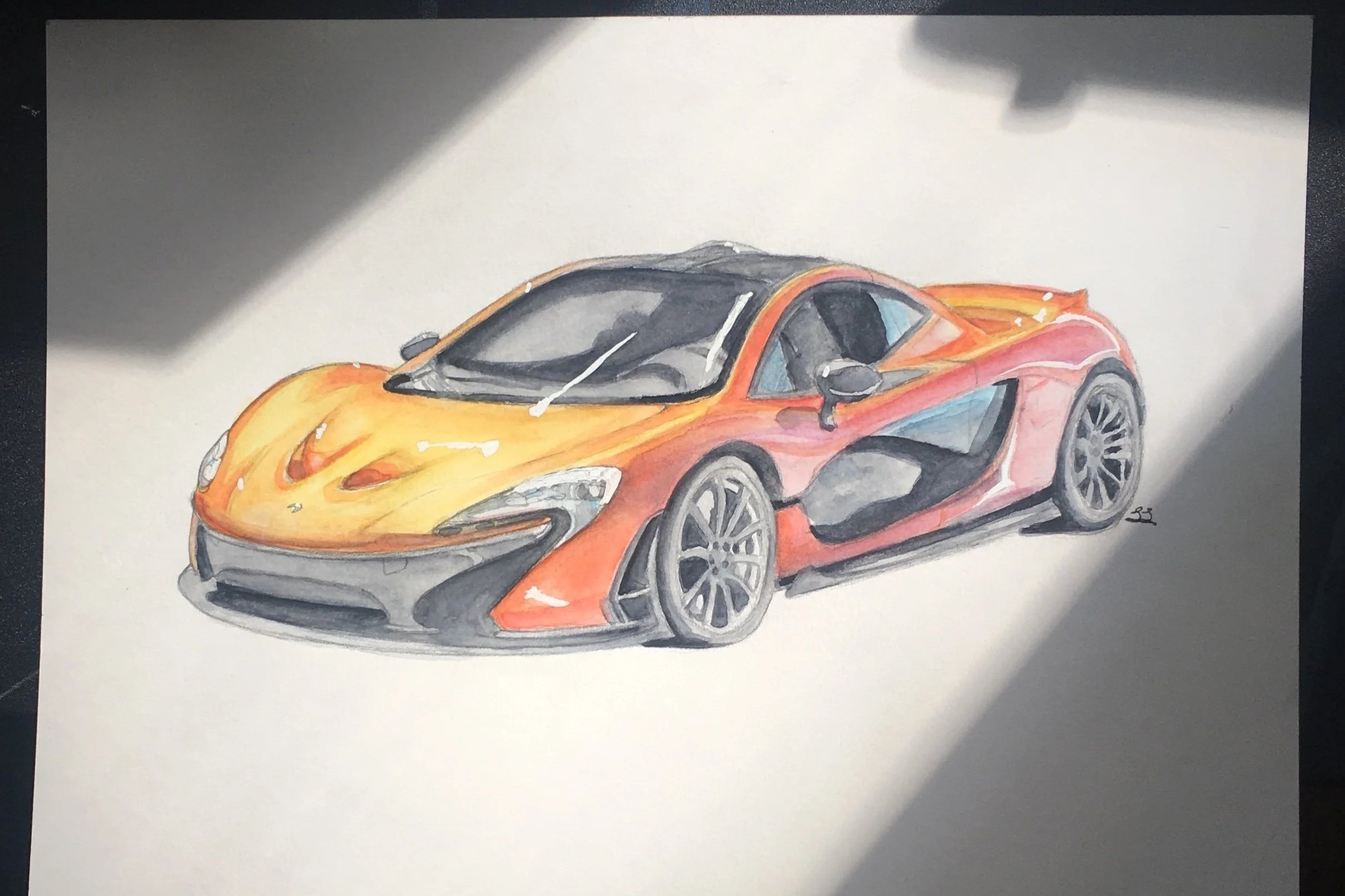 A watercolor painting of an orange and black sports car viewed from the front and side, with detailed wheels and a sleek aerodynamic design.