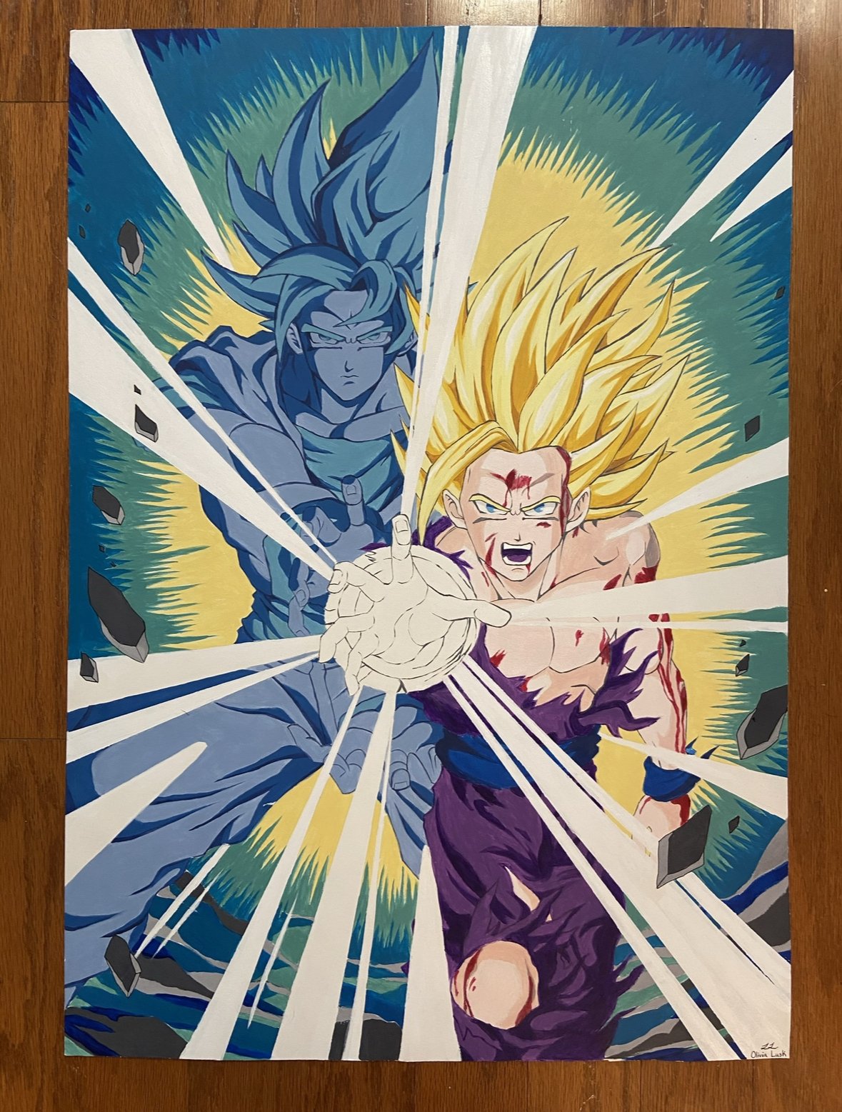 A vibrant illustration of two superpowered characters from Dragon Ball Z, in a dynamic action pose. One character has spiky blonde hair and is combat-worn, while the other has spiky blue hair and a fierce expression. Energy beams and rocks surround t