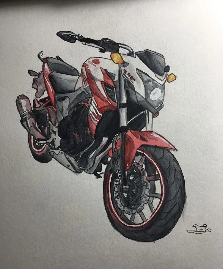 A realistic watercolor painting of a red and black motorcycle with detailed features, positioned at an angle in front of a plain white background.