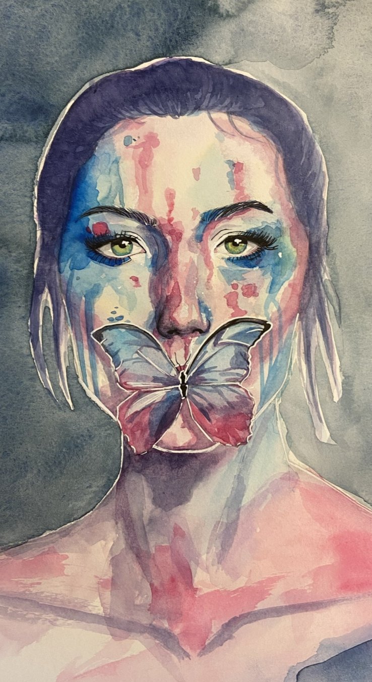 Watercolor painting of a woman's face with piercing green eyes, with blue and pink hues, and a butterfly covering her mouth.