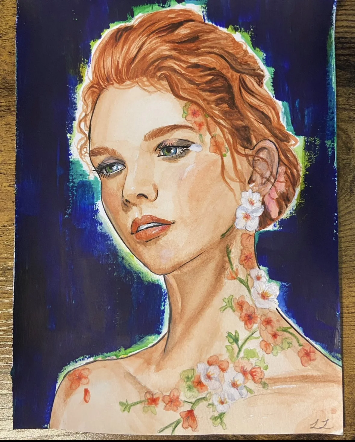 A portrait painting of a woman with short, wavy, auburn hair, blue eyes, and light makeup, adorned with white and pink flowers on her neck and ear, against a dark abstract background.