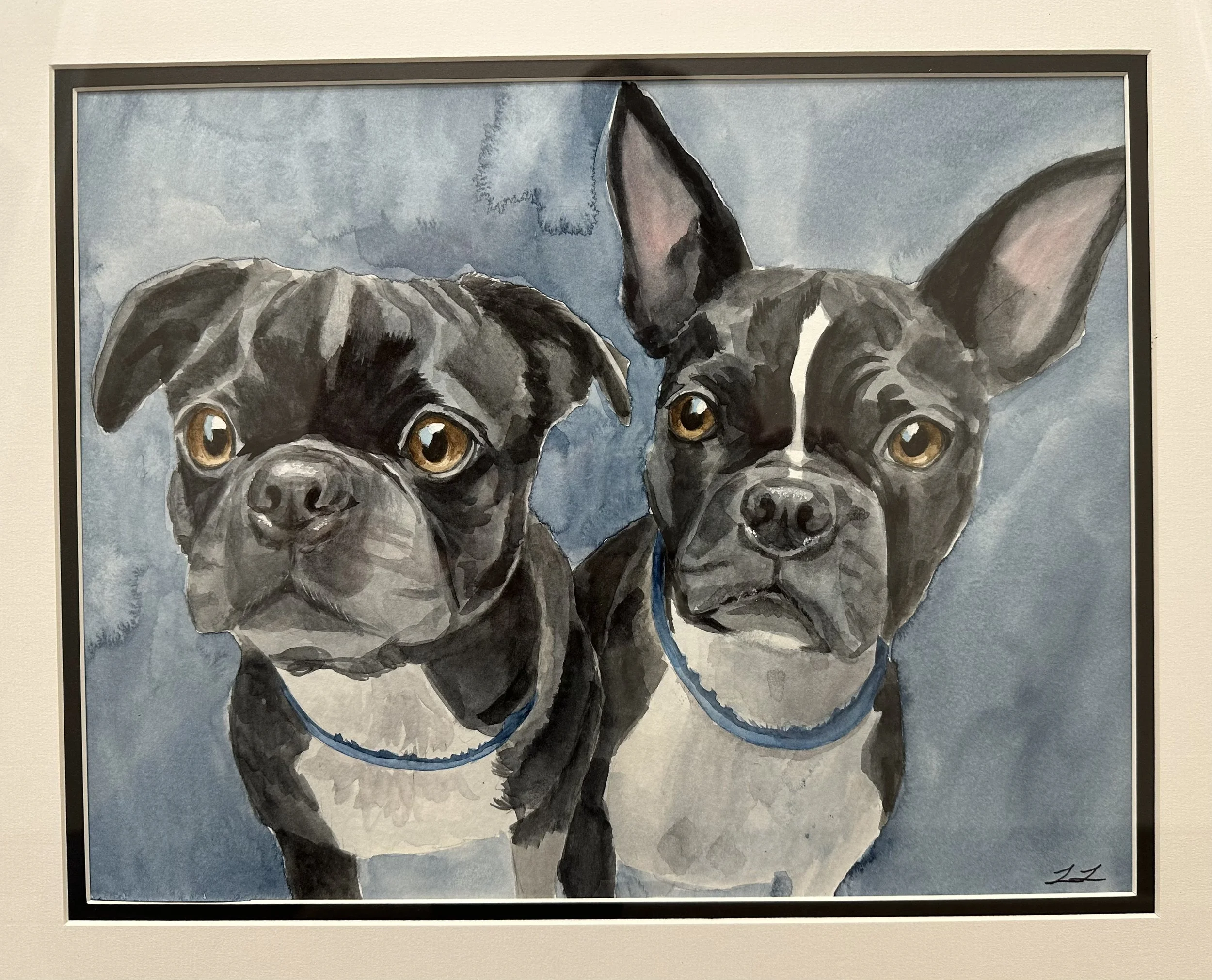 Painting of two dogs with large ears and expressive eyes against a blue background.