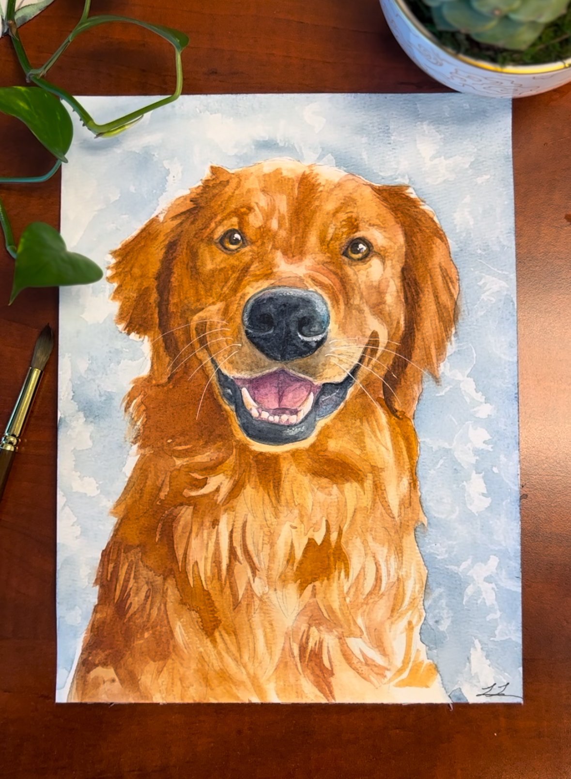 Painting of a happy Golden Retriever dog with a sunny background.