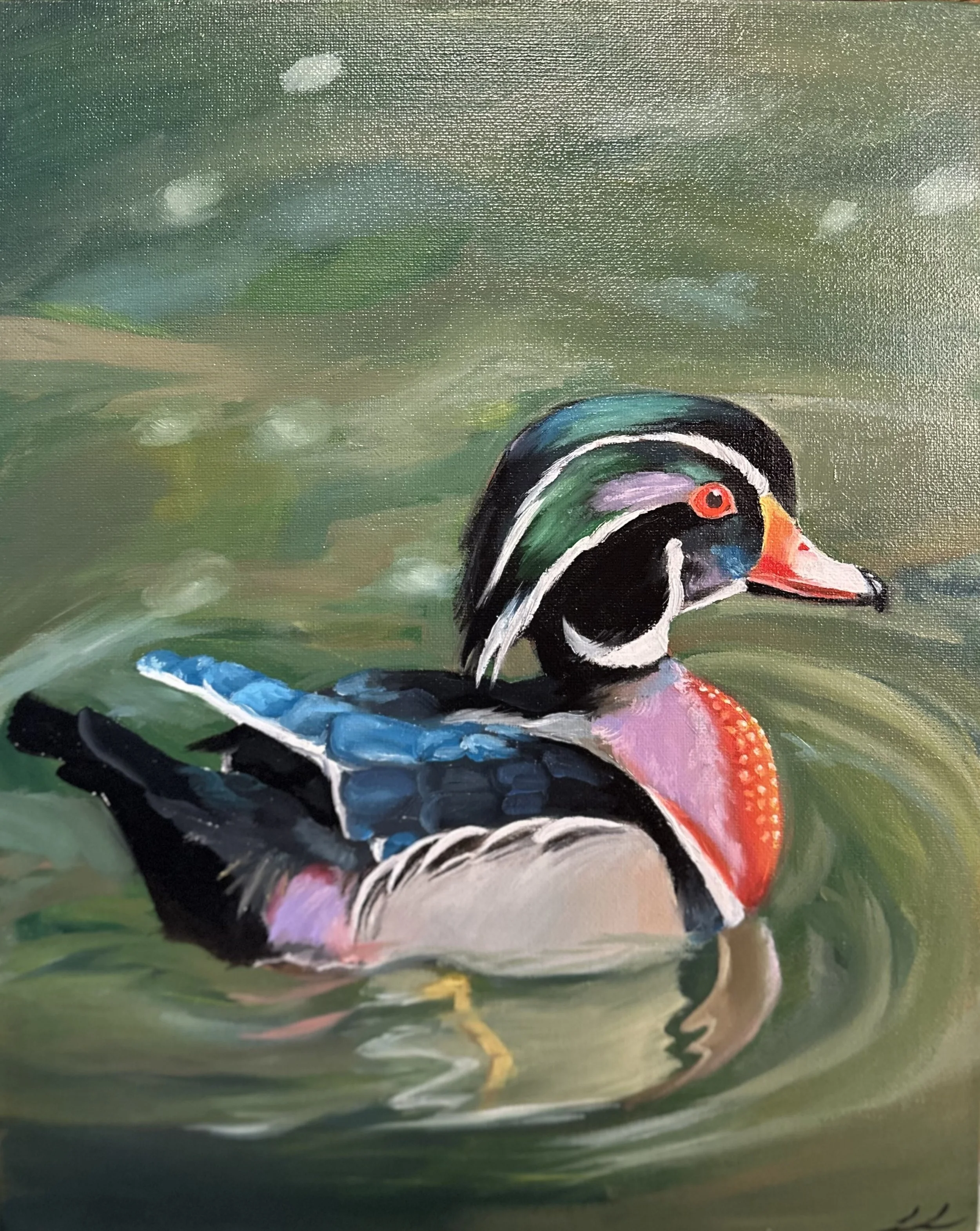 A colorful painting of a mallard duck swimming in water with green and brown reflections.