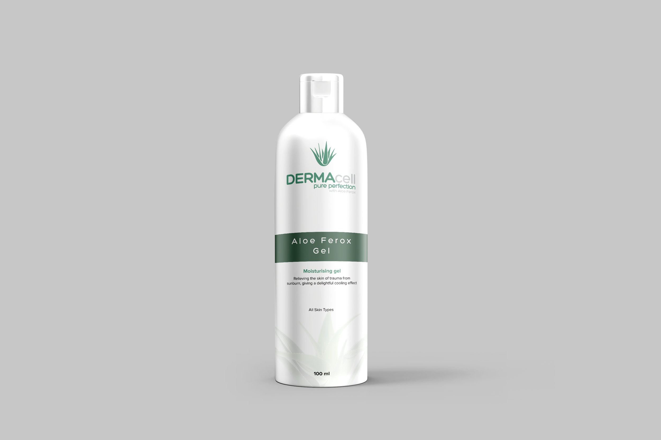 A white bottle of DermaCell Aloe Ferox Gel with a flip cap, featuring green and white label text and a stylized aloe plant graphic, set against a plain gray background.