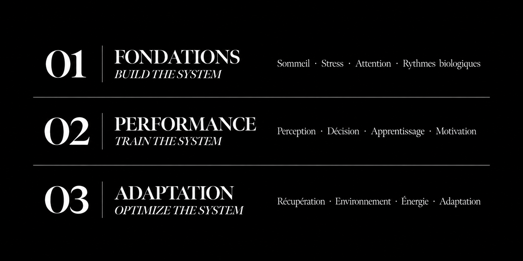 Les trois niveaux de NEURODEX : Fondations, Performance et Adaptation, une approche basée sur les neurosciences pour entraîner le cerveau et le système nerveux des athlètes.