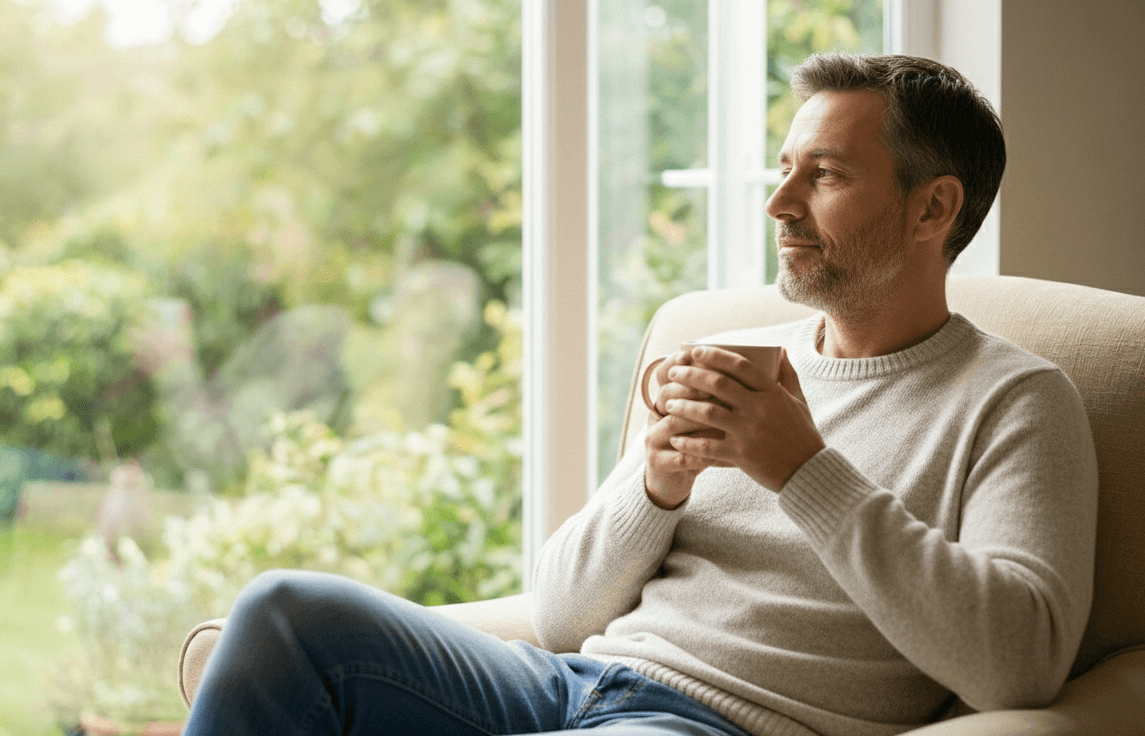 Calm adult sitting by a window in a peaceful home setting, symbolizing emotional stability and improved well-being after ketamine therapy for treatment-resistant depression.