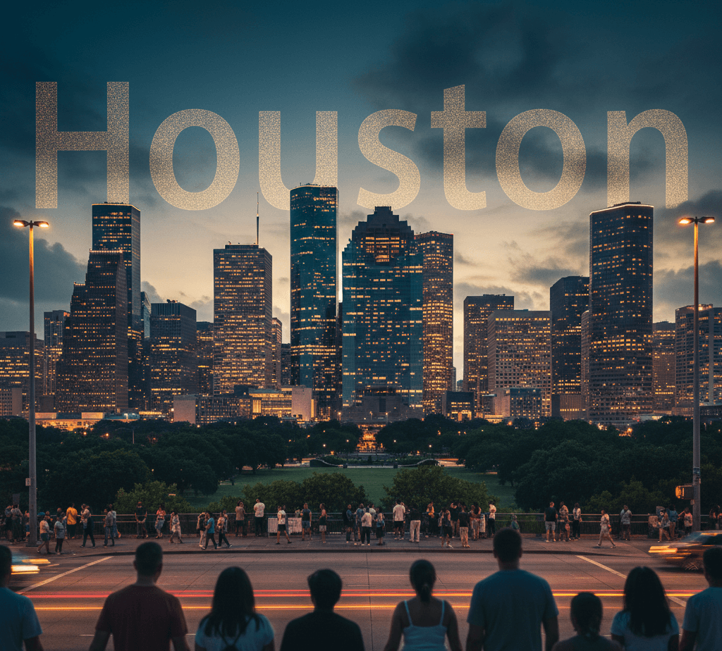 Nighttime view of Houston city skyline with people gathered on a park overlook in the foreground