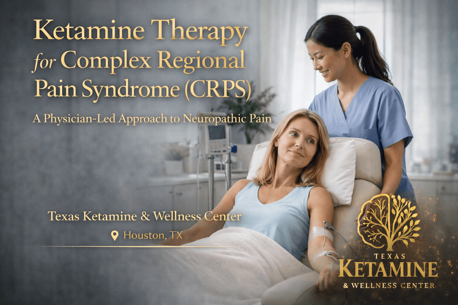 Patient experiencing chronic regional pain syndrome relief during physician-led ketamine infusion therapy at Texas Ketamine & Wellness Center.