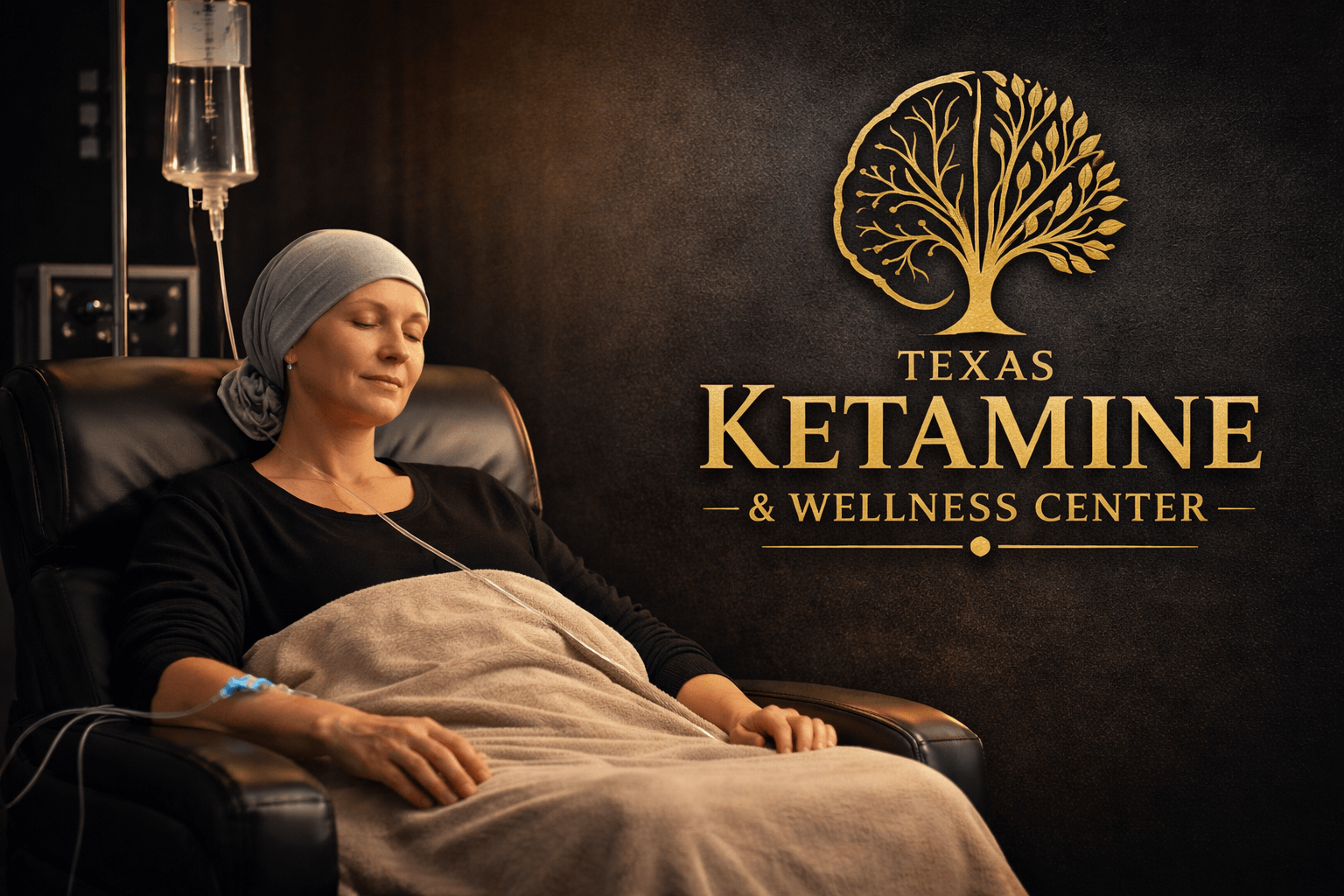 Cancer patient receiving physician-led ketamine infusion therapy in a calm, medically supervised setting at Texas Ketamine & Wellness Center, featuring the clinic’s gold logo and hospital-grade monitoring
