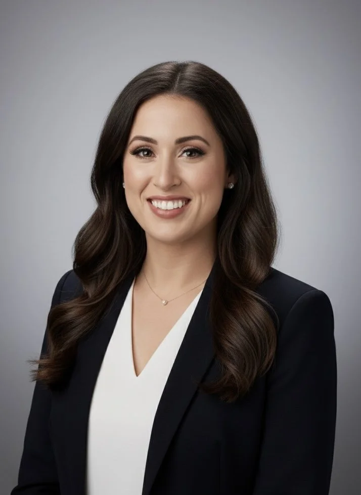 A young woman with long dark hair, smiling, wearing a black blazer and a white top against a gray background.