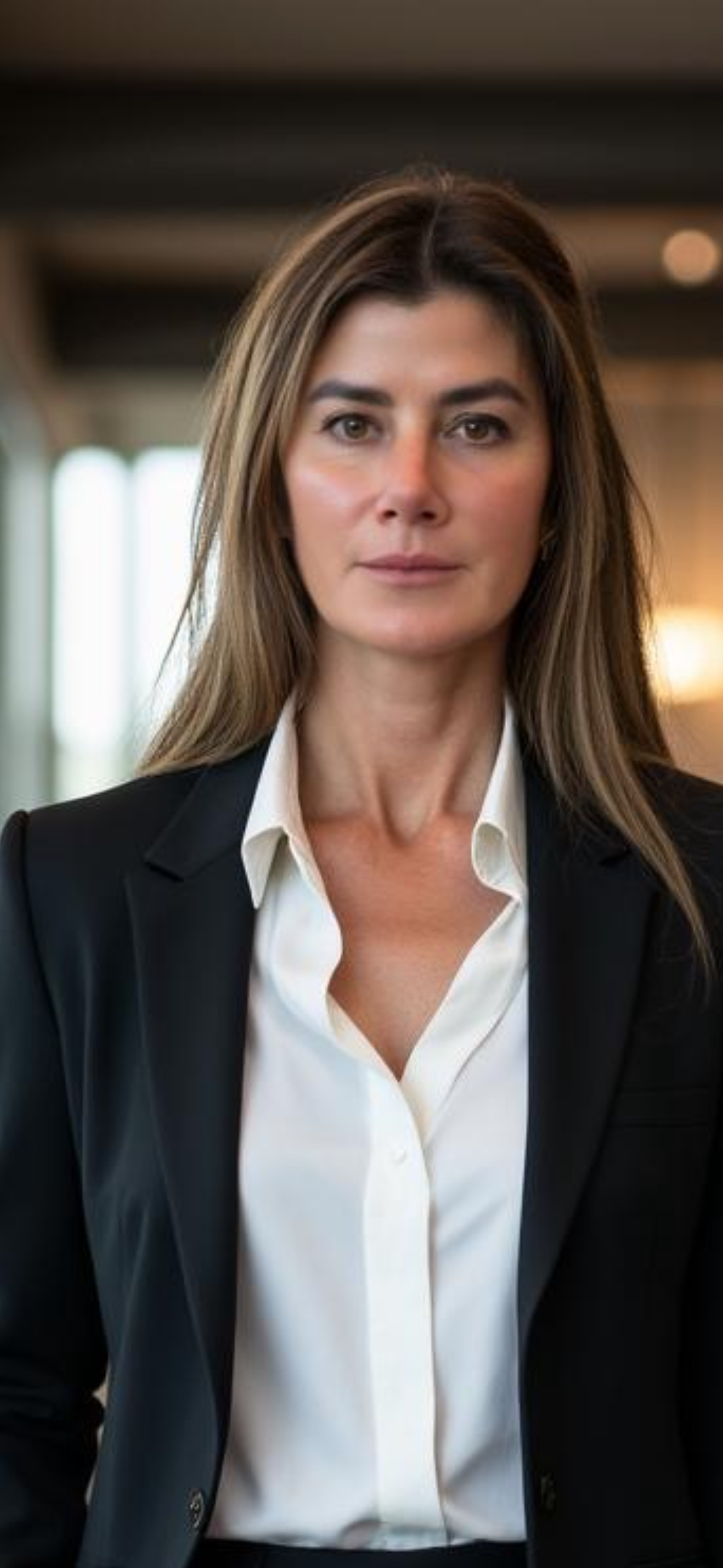 Professional woman with brown hair in business attire, wearing a white blouse and black blazer, looking confidently at the camera in an office setting.