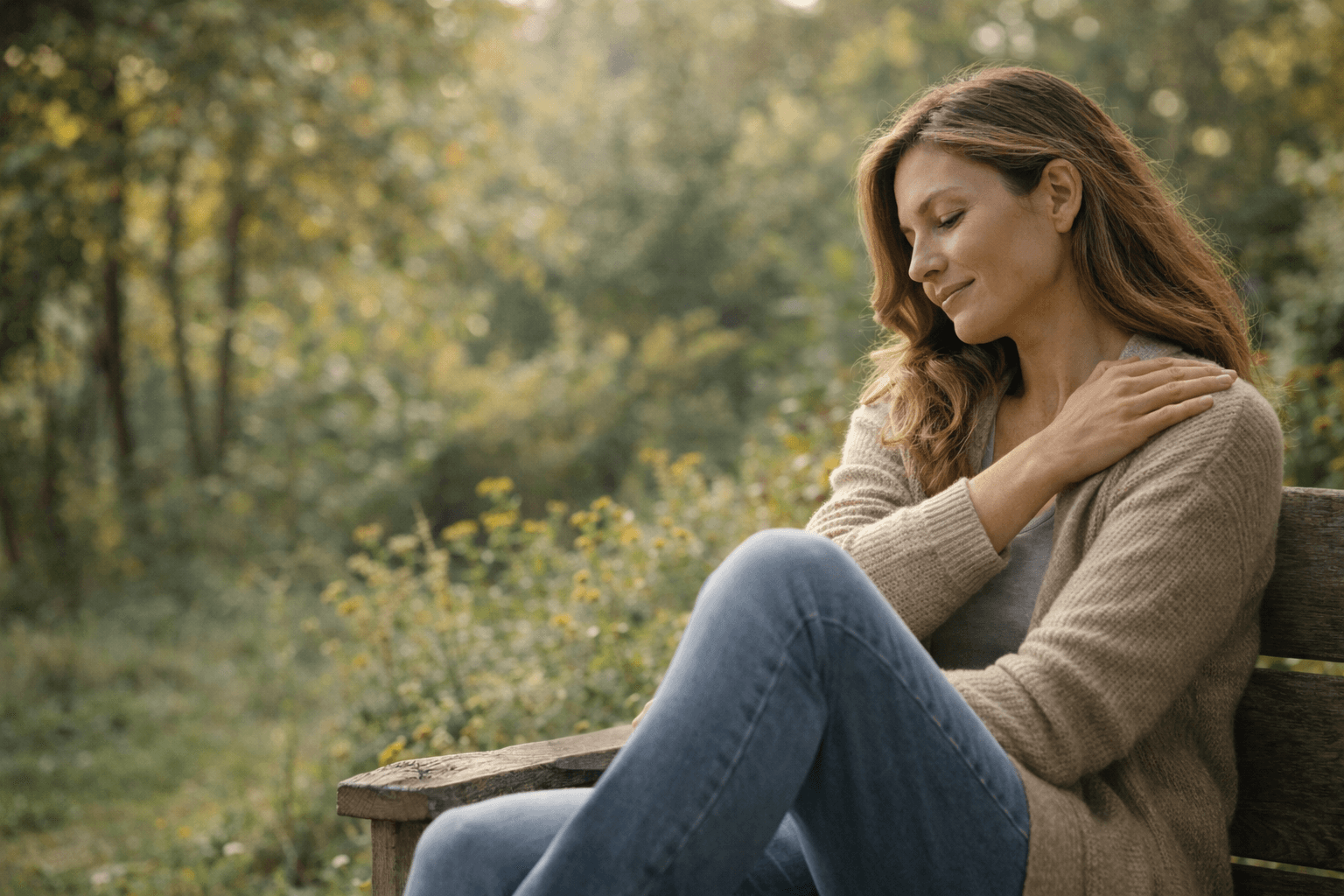 Calm woman sitting outdoors in a natural setting, reflecting physical comfort and emotional relief after ketamine therapy for chronic pain.