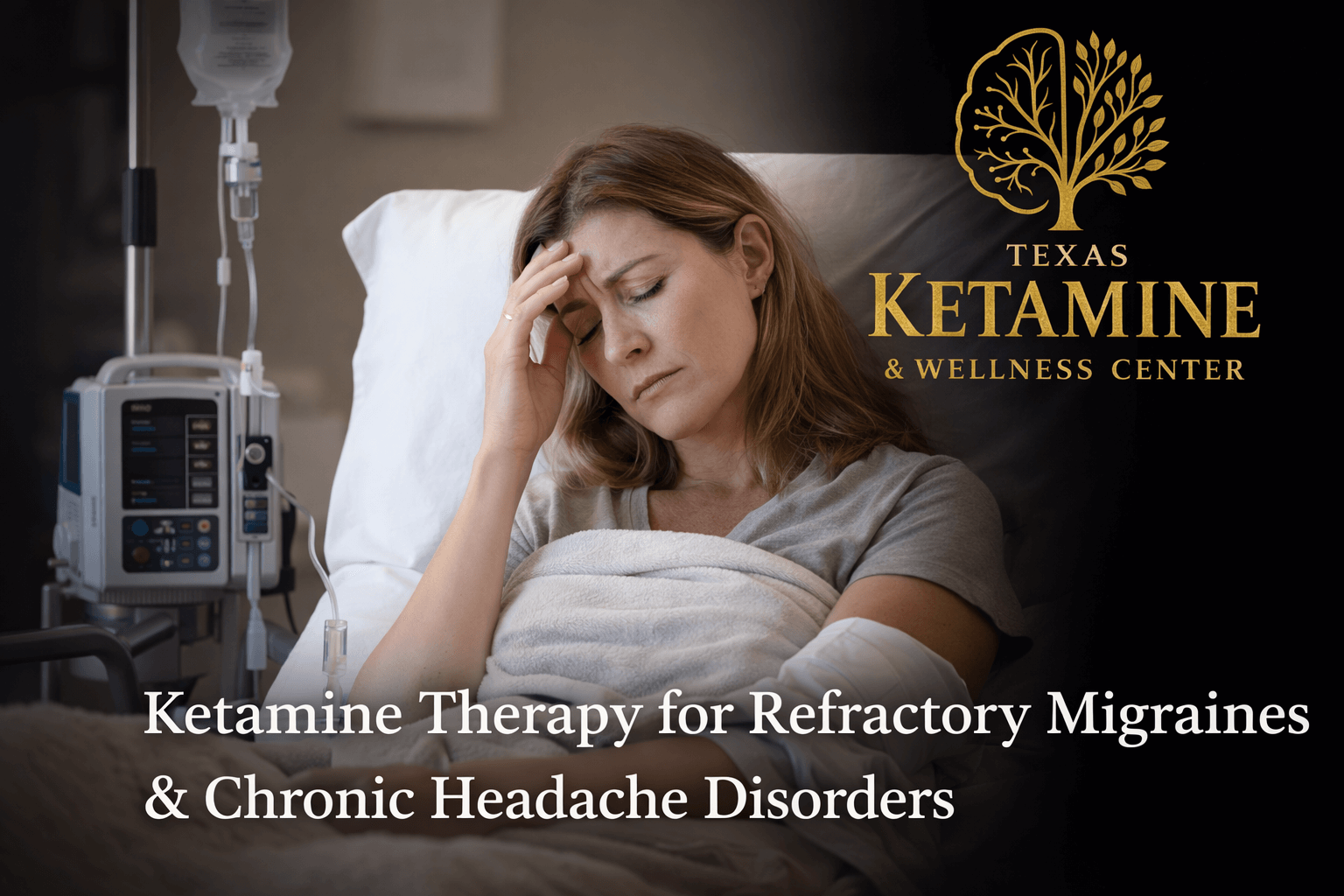Woman receiving physician-led ketamine infusion therapy for refractory migraines at Texas Ketamine & Wellness Center in Houston, with medical monitoring and clinic logo visible.