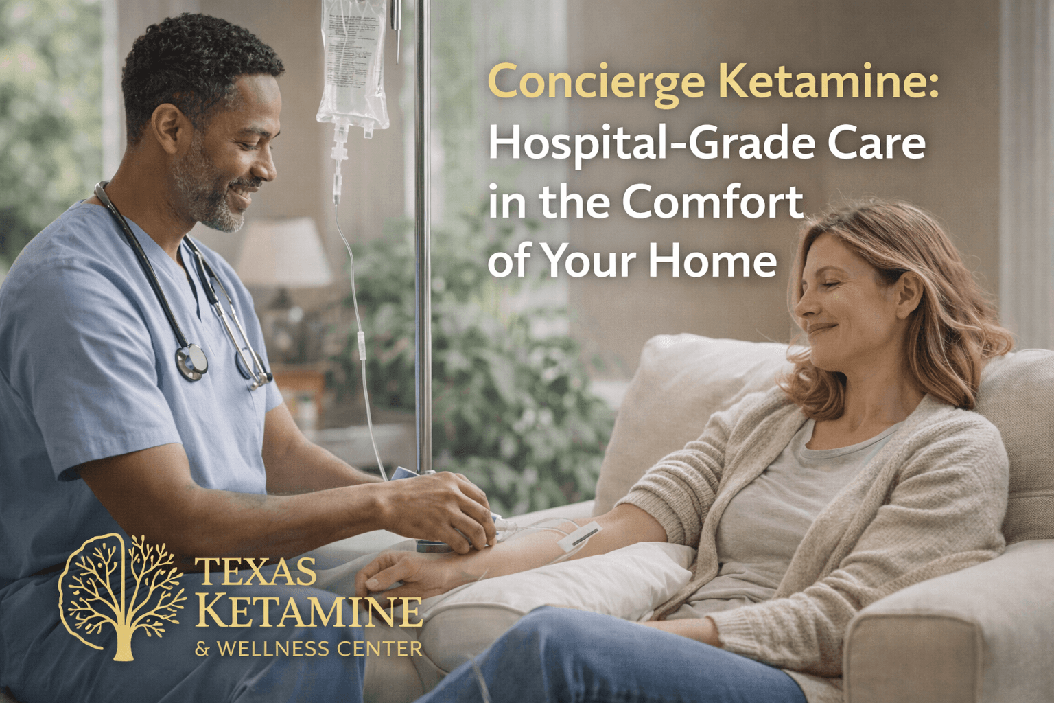 Physician-led ketamine infusion administered at home, showing medically supervised, hospital-grade concierge ketamine therapy in a comfortable home setting.