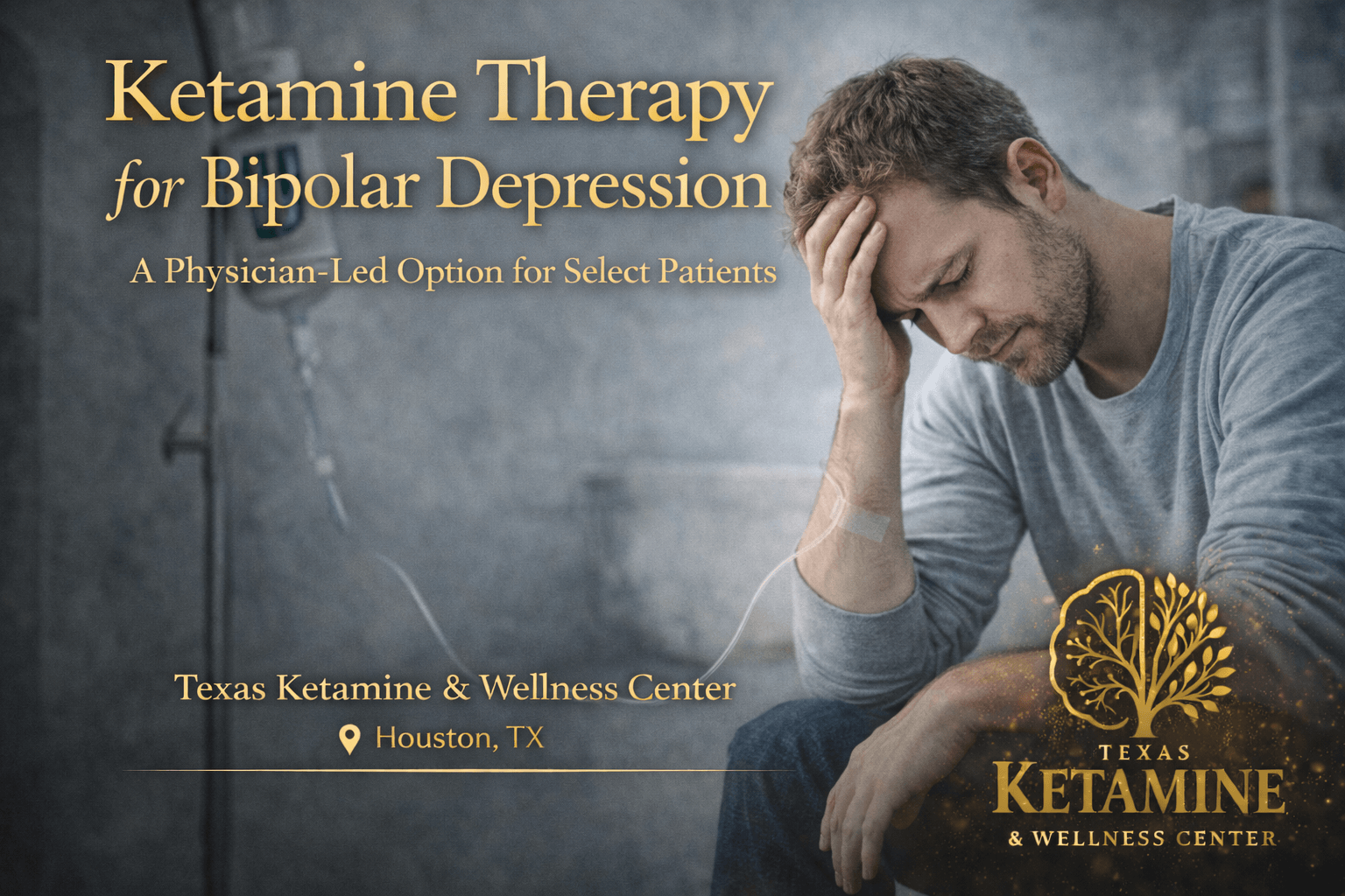 White male patient seated calmly in a modern medical setting during physician-led ketamine infusion therapy for treatment-resistant mental health conditions at Texas Ketamine & Wellness Center.