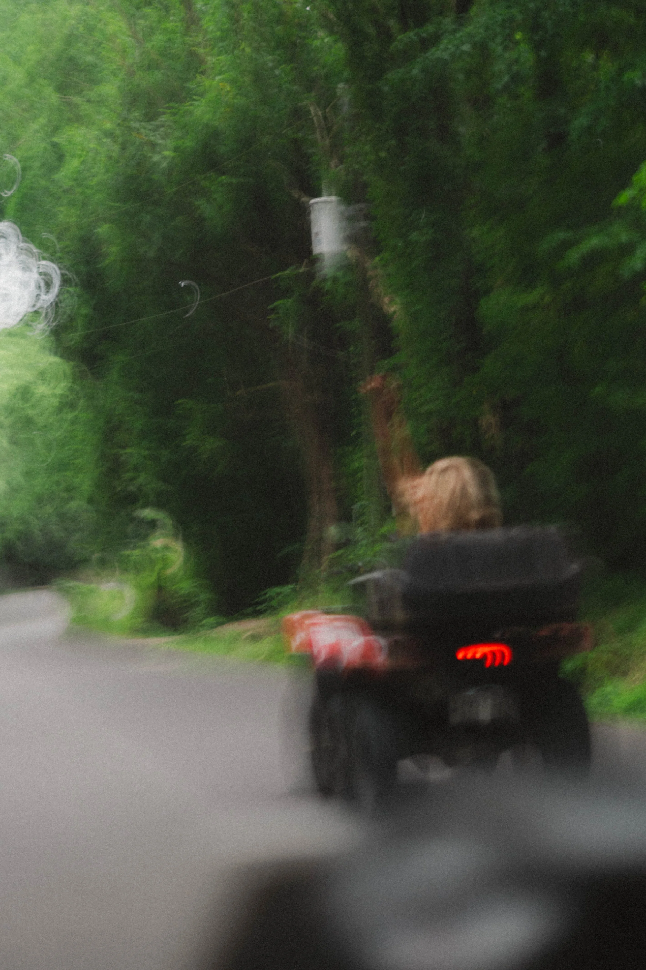A person riding a motorcycle on a curvy road surrounded by lush green trees with a waterfall in the background.