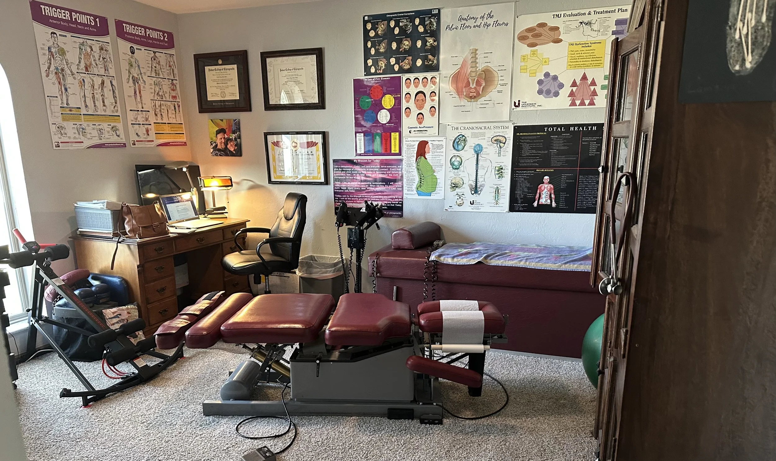 Exam room with chiropractic table, exercise equipment, computer desk, anatomical charts on walls, and treatment posters.