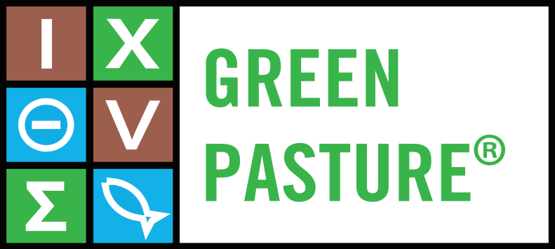 Logo with colored squares featuring scientific symbols, alongside text 'Green Pasture' in green letters.