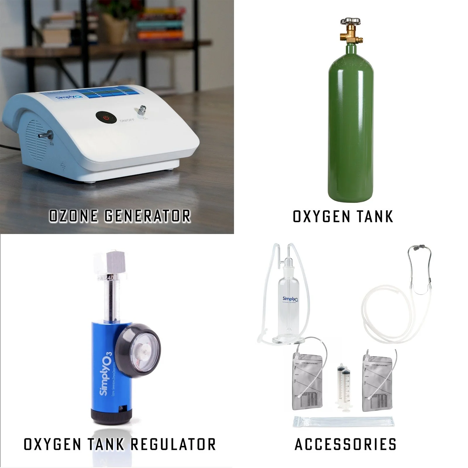 Oxygen-related medical equipment including an oxygen generator, green oxygen tank, regulator, and various accessories.