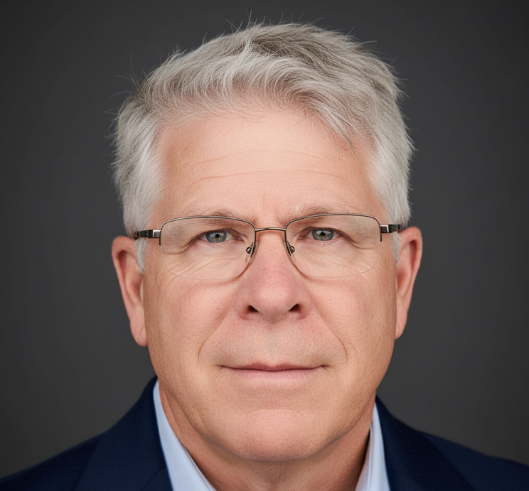 A close-up portrait of an older man with gray hair, glasses, and a serious expression, wearing a dark suit and light blue shirt against a dark background.