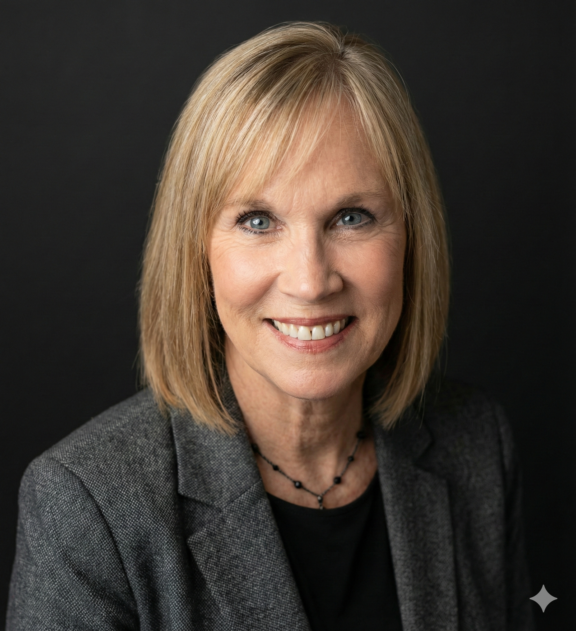 A professional woman with blonde hair and a black blazer smiling at the camera against a dark gray background.