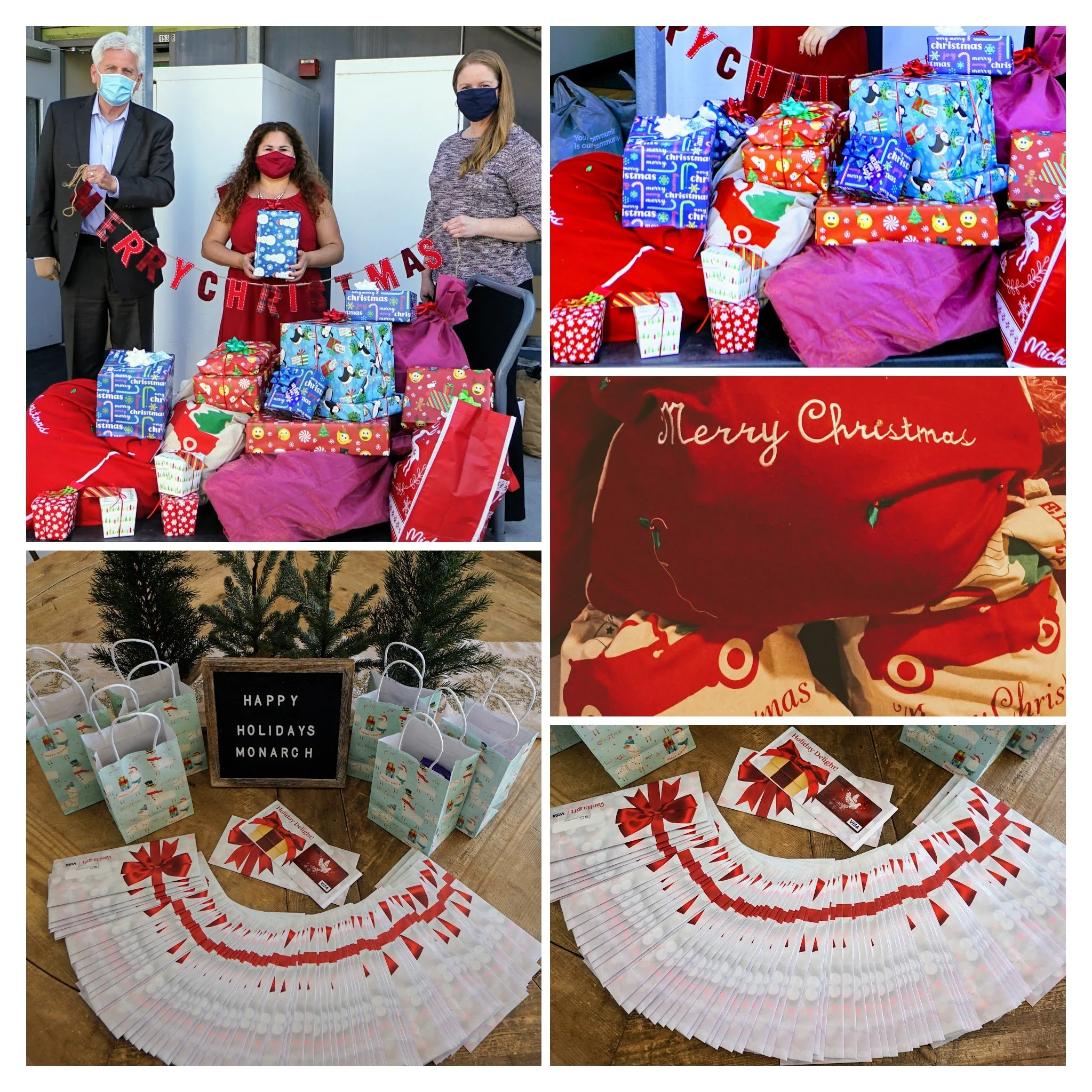 A collage of images from a holiday gift exchange event: one shows three people wearing masks and holding gifts next to a table with wrapped presents and a festive banner; one displays wrapped holiday presents and bags; another shows a close-up of a h