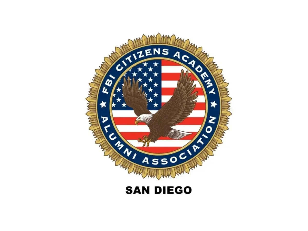 Badge for FBI Citizens Academy Alumni Association with an American flag, an eagle, and the text 'San Diego' beneath.